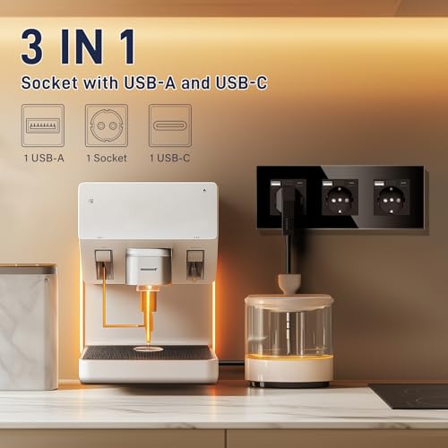 BSEED USB Steckdose Tripel Schwarz - Schuko Mit USB Anschluss (Max. 2.1A) Typ C Port Unterputz Glas Schutzkontakt-Ladeger&auml;t F&uuml;r Handys, Laptops Etc