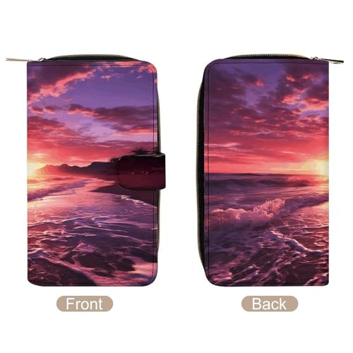 Womens Wallets Leather Ladies Wallet Large Beach Sunset Printed Long Travel Clutch Wallet for Women3