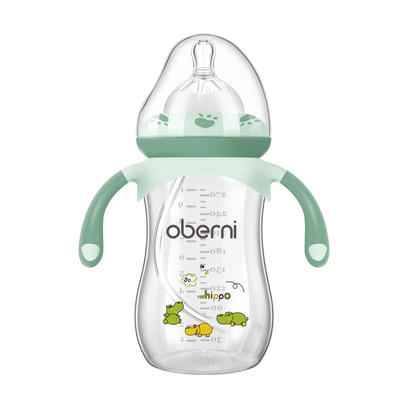 Oberni Babyflaschen Mit weighted Strohhalm, Babyflasche Anti Kolik für Neugeborene Ab 12 Monate, 270ml Milchflasche mit Silikon Sauger Größe 4, Griffs, Grün, 1 Stück
