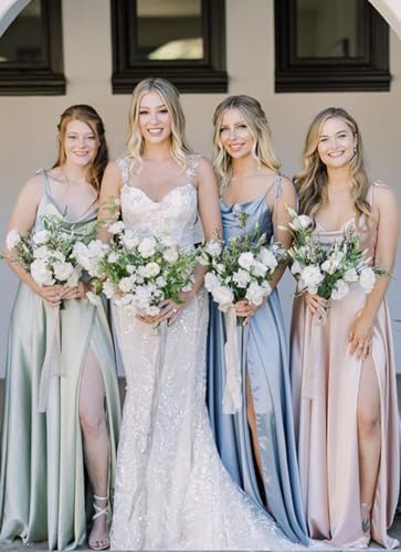 POMUYOO Spaghetti Straps Satin Bridesmaid Dresses for Women Cowl Neck Long A-Line Formal Gowns with Pockets4