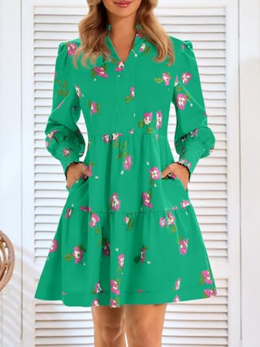 Image of Imily Bela Womens Fall Long Sleeve Tunic Dress Casual V Neck Tiered Dress | Loose,Swing,A-Line,Ruffled Collar,Puff Balloon Sleeve,Smocked Elastic Cuffs,Tiered Layered Ruffle Hem,Babydoll,Loose,Mini