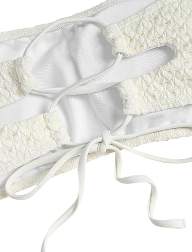 Image of ZAFUL Women Strapless Textured Bandeau Bikini 2 Piece Swimwear Cheeky Solid Lace up Bathing Suits