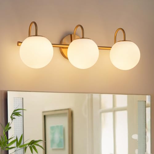 Image of Bathroom Vanity Light, 22.6-Inch Modern Dimmable 3-Light Bathroom Light Fixture Over Mirror, Brass Finish with Frosted Glass Globe Wall Sconce