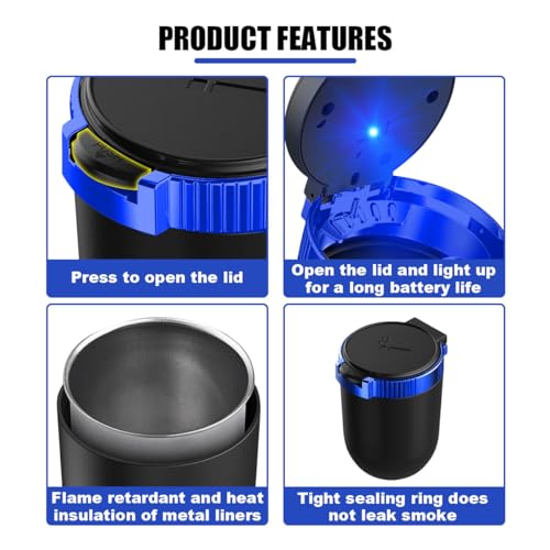 Image of Car Ashtray with Lid Smell Proof, Detachable Stainless Smokeless Ash Tray with LED Blue Light, Portable Mini Car Trash Can, Windproof Auto Ashtray Cup Holder for Car Home Outdoor Travel (Blue)
