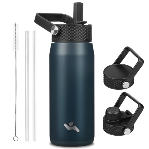 Image of Konokyo 20oz Insulated Stainless Steel Water Bottle with 3 Lids, Leakproof BPA-Free Bottle with Straw Lid, Sip Lid and Flex Cap for Gym, Travel, School, Office, Navy Blue