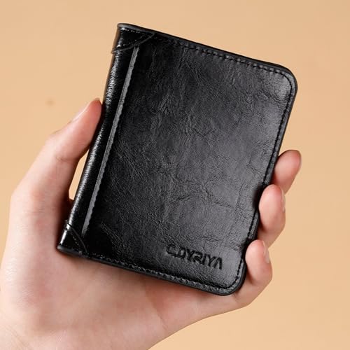 Mens Trifold Leather Wallets, Business Credit Card Holder, Slim, Black