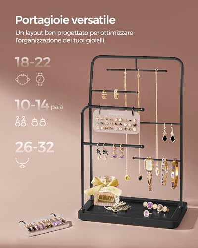 SONGMICS Portagioie Porta Collane e Orecchini Espositore per Gioielli in Metallo 2 Cuscinetti per Orecchini 6 Barre per Appendere Porta Bracciali Anelli Nero Inchiostro JJS024B01