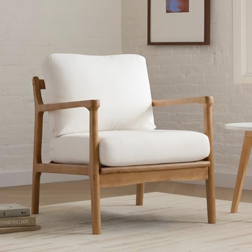 Ya-Home Fauteuils de Salon Rétro avec Accoudoir Fauteuil Chambre en Lin avec Pied en Bois, Fauteuil Confortable pour Salon, Beige