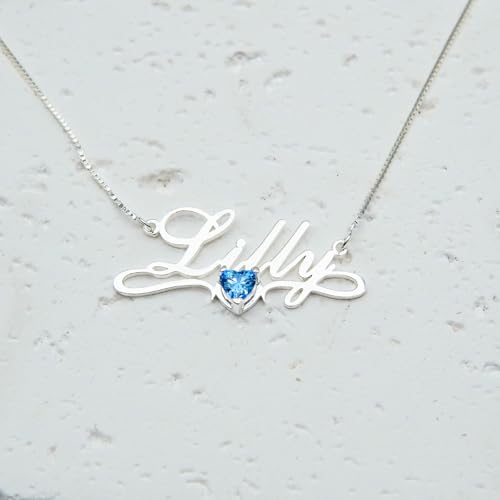 925 Sterling Silver Custom Name Necklace with Birthstone Heart, Personalized Jewelry for Women4