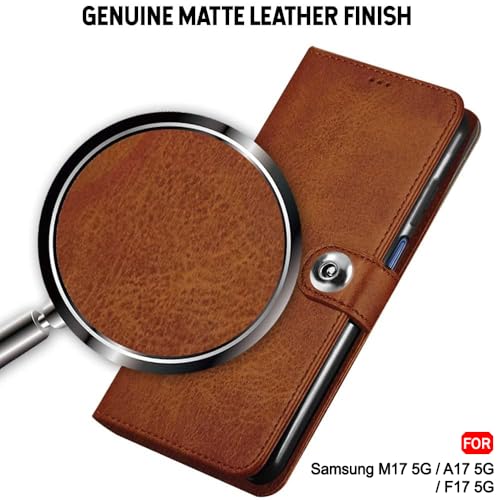 Image of TheGiftKart Flip Cover Back Case for Samsung Galaxy M17 5G / A17 5G / F17 5G | Genuine Leather Finish | Designer Button | Inbuilt Pockets & Stand | Flip Cover Back Cover Case (Faux Leather, Brown)