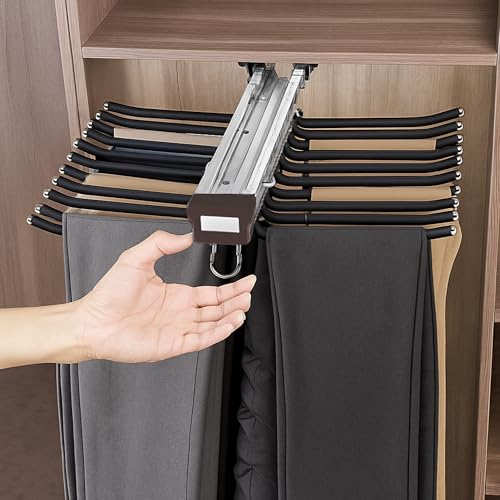Image of ๐๐๐๐๐ Pull-Out Pants Rack Organizer for Wardrobe, 20 Rod Sliding Trouser Hanger for Closet, Heavy Duty Space Saving Jeans & Pants Holder with Smooth Slide Rail, Wardrobe Organizer - Mocha Brown