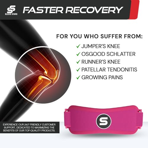 Image of Sleeve Stars Swedish Brand Patellar Tendon Support Strap for Women & Men Effective Osgood Schlatter Knee Brace Youth & Kids Knee Brace with 3 Adjustable Length fits 7 inch-15 inch (Single /Hot Pink /Kids)