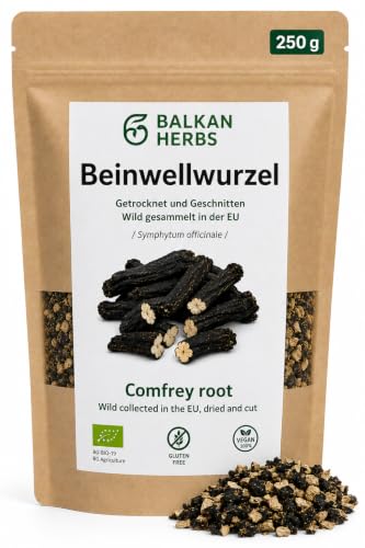 BIO Beinwellwurzel 250 g., getrocknet und 10 mm. geschnitten, Beinwell-Tee (Symphytum officinale), Natural, ohne Zusätze, Ideal für Aufgüsse von Balkan Herbs (250 g. (1-er Pack))