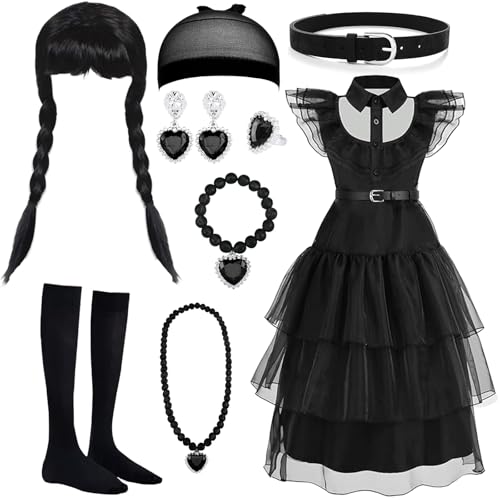 MWZEAUL Disfraz Halloween para Niña, 8 Piezas Halloween Disfraz Vestido con Peluca y Accesorios de Joyería, Vestido Costume Niña para Cumpleaños halloween Carnaval Cosplay Fiesta para 5 6 Años, 120cm