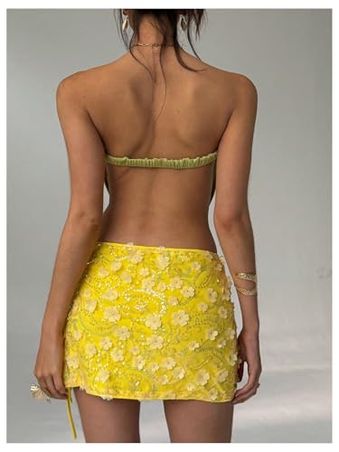 MakeMeChic Women's Mesh 3D Floral Mini Skirt Low Waist Sequin Tie Side Summer Skirts3