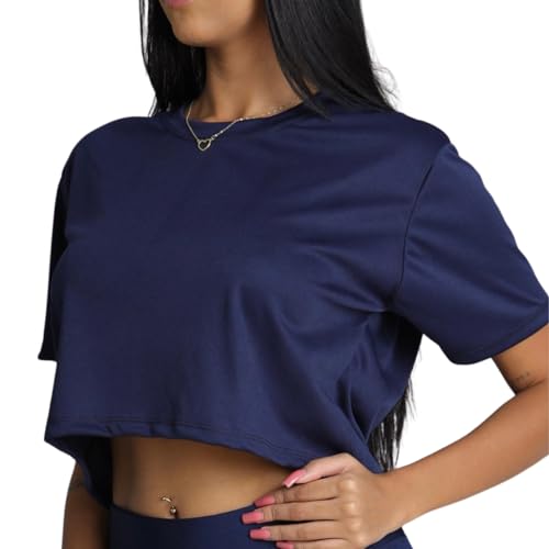 Camiseta Cropped Feminino Curta De Academia Tecido Leve E Fresco (BR, Alfa, M, Regular, Azul Marinho