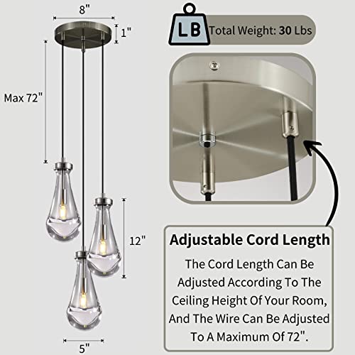 Joyunleo 3 Light Pendant Lights Kitchen Island, Raindrop Cluster Pendant Light Fixture, Adjustable Hanging Rope Chandelier For Dining Room Brushed Nickel Teardrop Ceiling Lamp For Foyer Hallway #TOP2