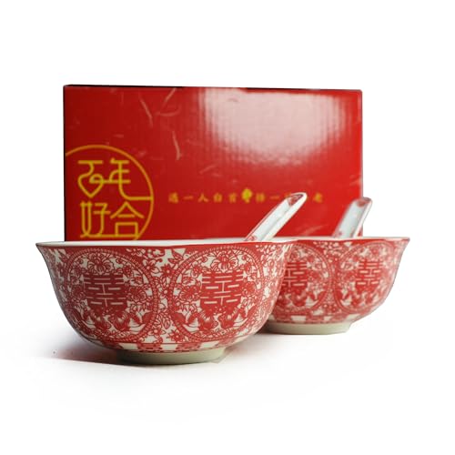 Image of Liang baobao Bowl Spoon Gifts Set Chinese Wedding Party Porcelain Tableware Set (Paper-cut style 囍)