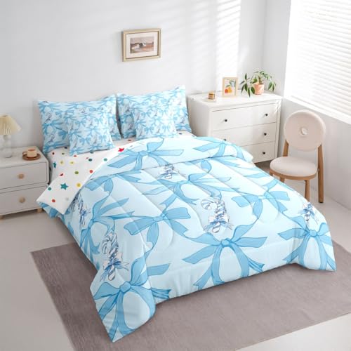 Image of Kawaii Comforter Set 7 Piece Bed in a Bag Twin | Blue Bow Bedding Sets Santa Sticks Candy Canes Comforter and Sheet Set, Dreamy Ribbon Princess Bowknot Bed Sets,Cute Aesthetic Room Decor
