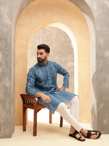 Image of SOJANYA Men's Multicolor Green Artistic Geometric Print Ethnic Wear Cotton Kurta