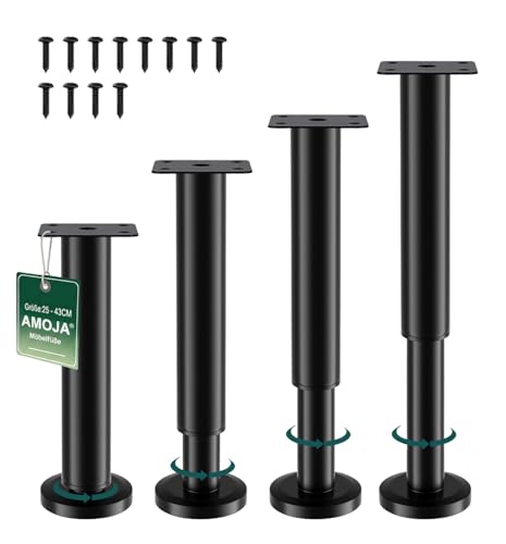 AMOJA Juego de 4 patas de repuesto para muebles de altura ajustable (incluye tornillos), 25-43 cm, resistentes patas de repuesto de metal con almohadillas antideslizantes de goma, adecuadas para camas