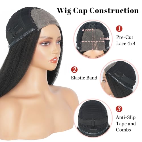 Aminow Kinky Straight Wear And Go Glueless Wig Pre Plucked Pre Cut 4X4 Synthetic Lace Front Wigs For Black Women Soft & Natural As Human Hair 22 Inch Natural Black thumb #5
