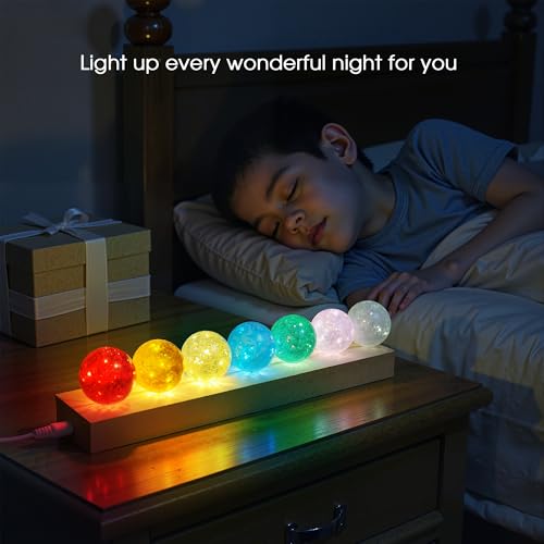 Image of L LOHAS LED 7 Colors 40mm Ice Cracked Balls Crystal Chakra Balls | LED Wooden Base Glass Healing Sphere Balls with Stand Night Light Decoration Quartz for Home Living Room