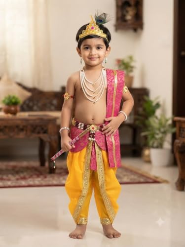 Image of Krishna Dress for Baby Boy Kids Janmashtami Costume | Dhoti & Patka Included, Mukut & Morpankh, Bansuri & Kamarband, Bajuband & Kundal, 8-Piece Set
