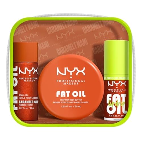 NYX Professional Makeup - Coffret/Kit 3 Pièces : Beurre Fouetté Corps, Huile Corps Glowy & Huile à Lèvres - Hydratation & Glow - Parfum Caramel & Pistache...