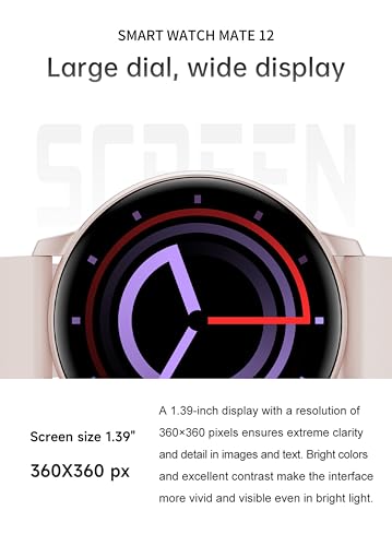 ساعة ذكية ميت 12 بشاشة HD 1.39 انش مقاومة للماء بتصنيف IP68 لمقاومة المياه والغبار مع مراقب معدل ضربات القلب والاكسجين في الدم والبحث الصوتي واوضاع رياضية متعددة ومتتبع النشاط للرجال والنساء