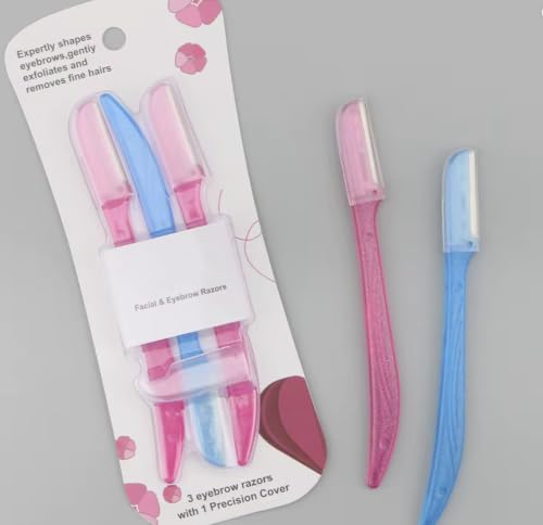 Image of Eyebrow Razor for Women, Facial Hair Remover, Dermaplaning Razor, Face Shaver for Women, Precision Eyebrow Trimmer, Reusable Facial Razors, Pack of 3, Pink & Blue