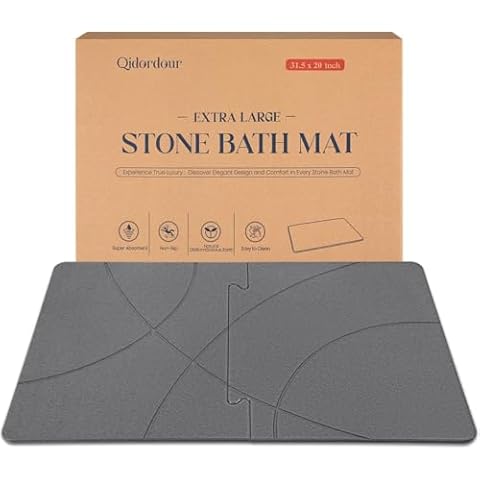 Qidordour Large 32"x 20" Stone Bath Mat Diatomaceous Earth Shower Mats, Super Absorbent Diatomite Bath Stone Mat for Bathroom, Quick Drying Non-Slip Bathroom Floor Mat Easy to Clean, Grey Cover