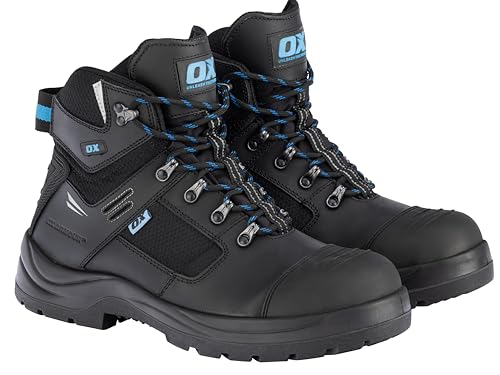 OX Innovation Black Leather Safety Boots - Size 08, Slip & Water Resistance, Breathable Mesh Lining, Fiberglass Toecap for Extra Protection, Non Metallic Anti Penetration Insole