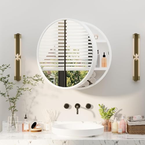 Image of iSTAR 16 Inch Round Wall Mirror with Storage Shelf | Bathroom Vanity Glass with Hidden Storage Cabinet | Wall Mounted Decorative Reflector for Bathroom, Bedroom, Living Room