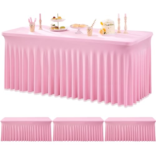 Image of 3pk Baby Pink Spandex Tablecloths for 6 Foot Rectangle Tables, Stretch Table Cloths 6FT Pink Fitted Table Cover Desk Skirt for Wedding Birthday Party Baby Shower
