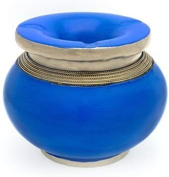 Medina Souvenirs Moroccan tadelakt Ashtray, blue color, handcrafted ashtray with polished anti-corrosive brushed and twisted metal band inserts