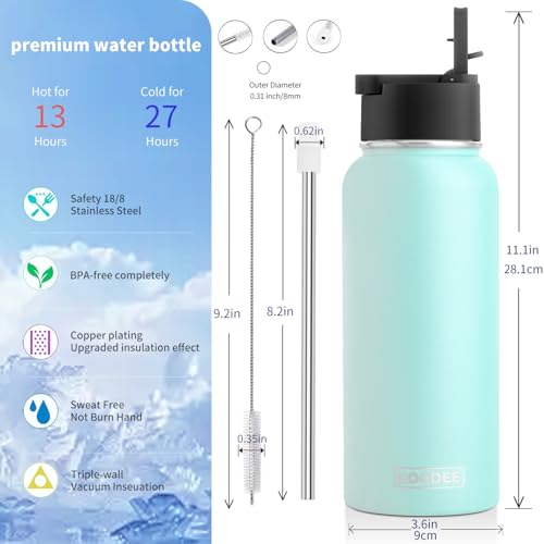 Image of koodee Insulated Water Bottle, 32 oz Stainless Steel Double Wall Vacuum Insulated Wide Mouth Sports Water Bottle with Leak Proof Straw Lid (Baby Blue)