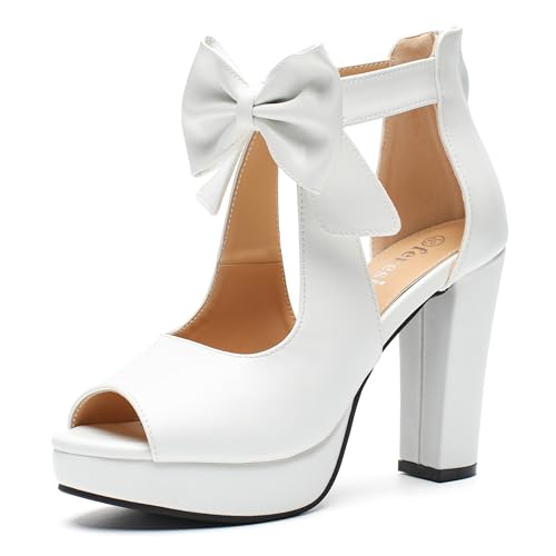 Image of fereshte Women's Bow Chunky Heel Sandals, Platform High Heel, Peep Toe, 3.94 Inch Block Heel