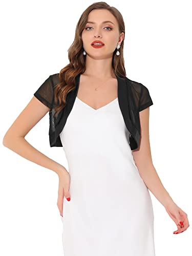 Image of Allegra K Women's Satin Shrug Bolero Cap Sleeve Crop Cardigan | Cap sleeves with cropped length. Open front design. Suitable for wedding, party.