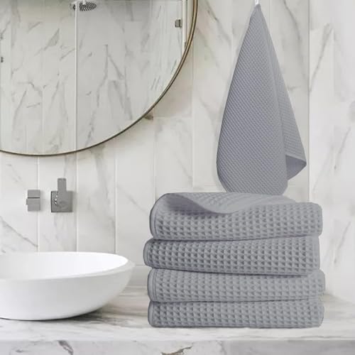 Image of Pure Cotton Waffle Towel | Lightweight | Anti Microbial and Water Absorbent | Soft Touch Quick Drying Hand Towels (Silver, Pack of 4)