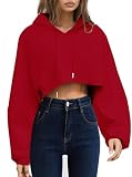 Remidoo Women's Hoodies Pullover Top Long Sleeve Cropped Sweatshirt Loose Shirt Red Small