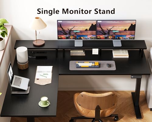 Image of AODK Electric L Shaped Standing Desk with Monitor Stand, 59 Inch Height Adjustable Corner Desk with Power Outlets, Large Sit Stand Table, Reversible Computer Desk for Home, Office, Black