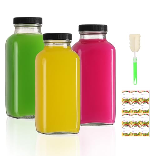 AuroTrends 12 oz Glass Bottles with Lids 3Pack for Juicing, Water, Kombucha - 360ml Portable Juicing Bottles Reusable Glass 12oz (12fl.oz, Set of 3)