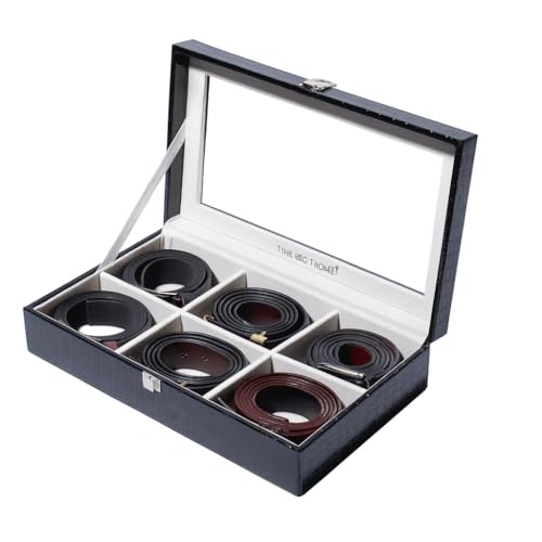 La Trove 6 Slot Belt Organizer Box with Glass Lid – Velvet Belt Storage Case for Men, Belt Display Organizer for Closet & Drawer, Black
