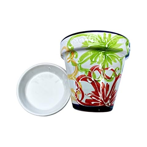 Cactus Canyon Ceramics Spanish Hand-Painted Flower Pot and Saucer, Spanish Flor Design Cover