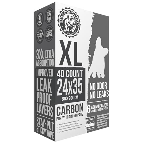 Image of Bulldoglogy Carbon Black XL Dog Pee Pads for Extra Large Dogs with Adhesive Sticky Tape - Extra Large Charcoal Housebreaking Dog Pee Pads Disposable (24x35) (40-Count, Black)