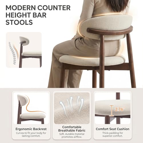 Image of MALOL Counter Height Bar Stools Set of 4, Kitchen Bar Stools with Back, Mid Century Modern Upholstered Barstools with Wood Legs for Kitchen Island Dining Room, Beige