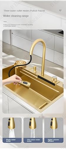 Image of B Backline Kitchen Sink SS 304 Grade Modular Sink With Pull-Down Faucet and Rainfall Mode,RO Mineral Water Tap, Glass Washer, Fruit Basket, Chopping Board, Kitchen Sink 30 inch X 18' inch X 9 inch Inches (Gold)