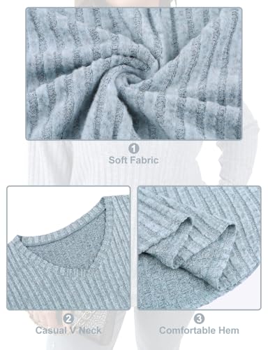 Image of Koscacy Women Plus Size Casual Knit Sweater with Pocket V Neck Solid Color Tops Lightweight Long Sleeve Blouses
