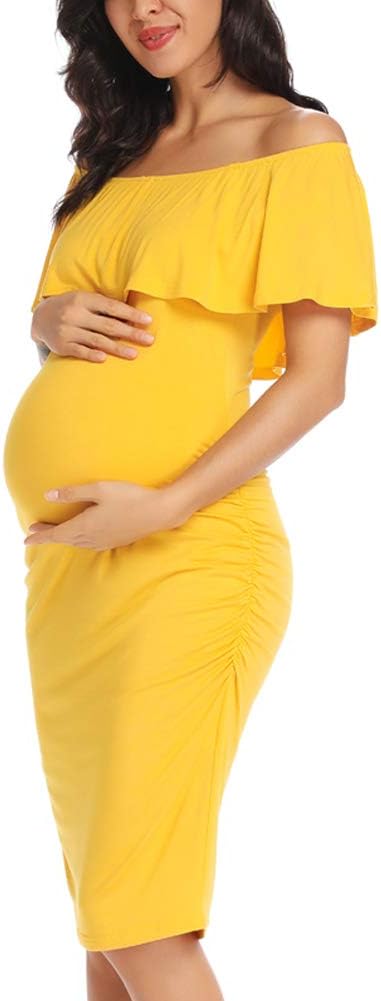 DOREI Women's Yellow Summer Fitted Maternity Photoshoot Midi Dress Side Ruched Knee Length Bodycon Pregnancy Dress, Large